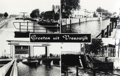 15007 Collage van gezichten te Vreeswijk, van linksboven naar rechtsonder:- Koninginnensluis, gezien vanuit het zuiden. ...